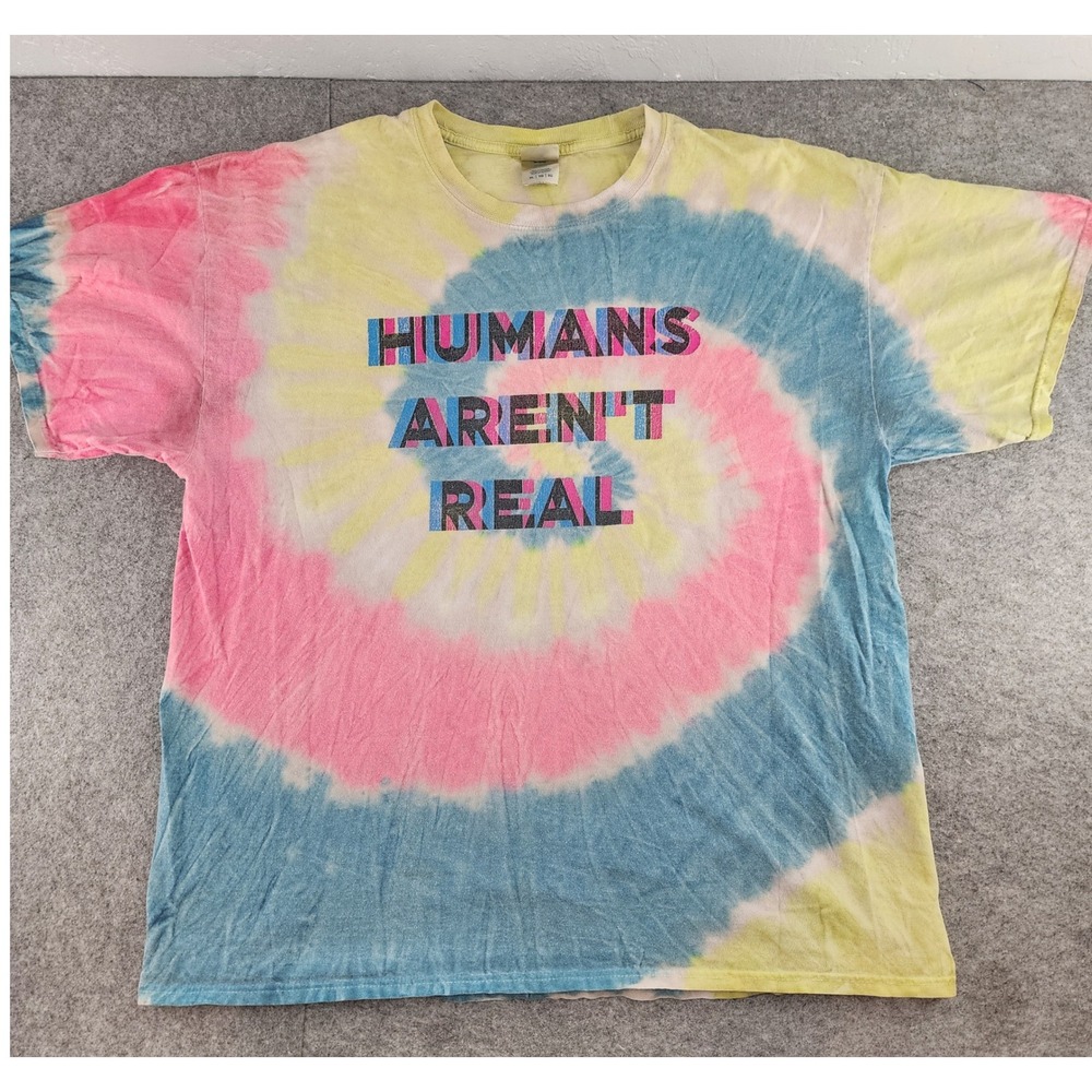 Port & Company XL Pink Blue Yellow Tie Dye Humans Aren't Real Graphic Tee Mens